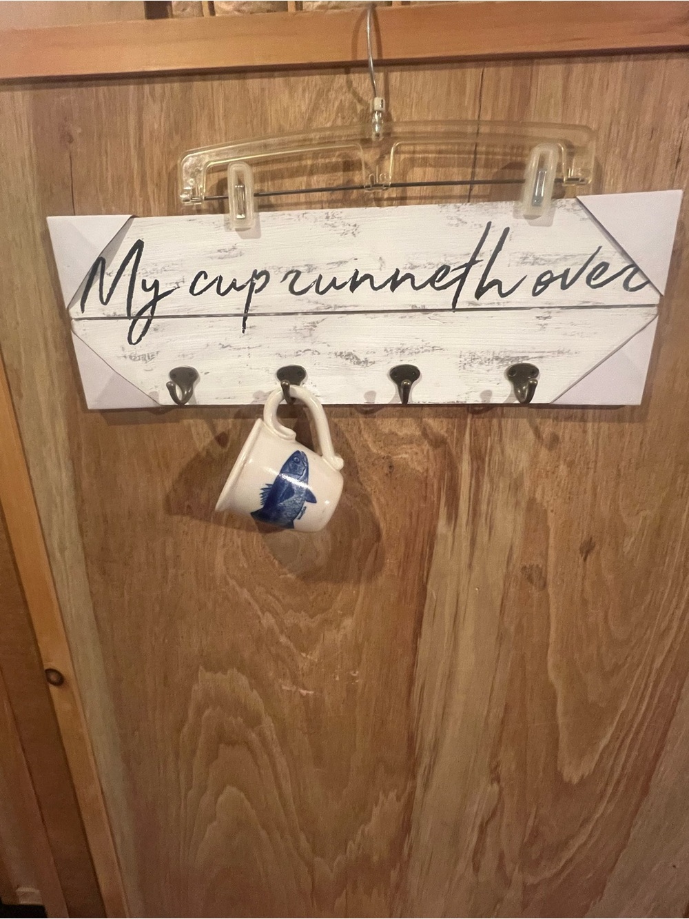 Distressed White Wall Hook Rack with Black Script